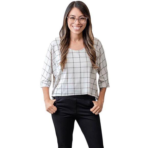 Adrianna Papell Windowpane Grid Print 3/4 Sleeve Blouse White & Black Size Large - Picture 1 of 8